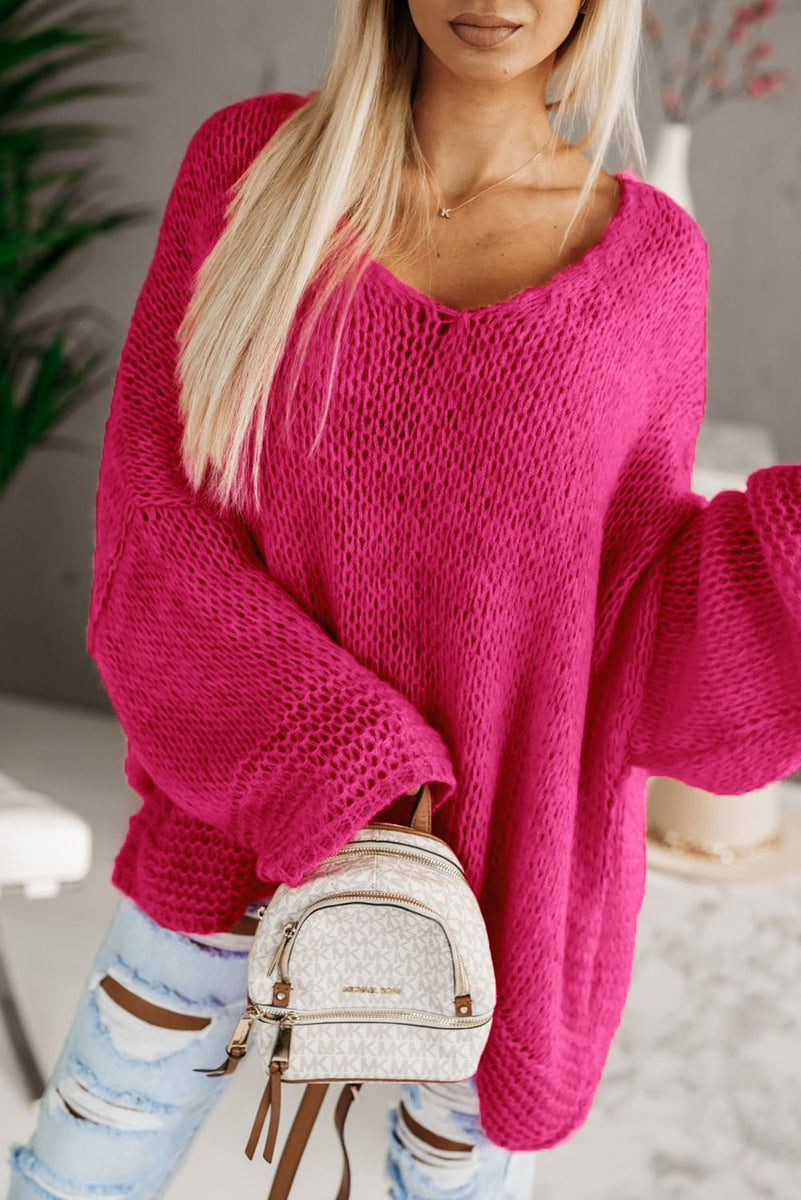 Pre-Order Rose Knitted V Neck Drop Sleeve Oversized Sweater