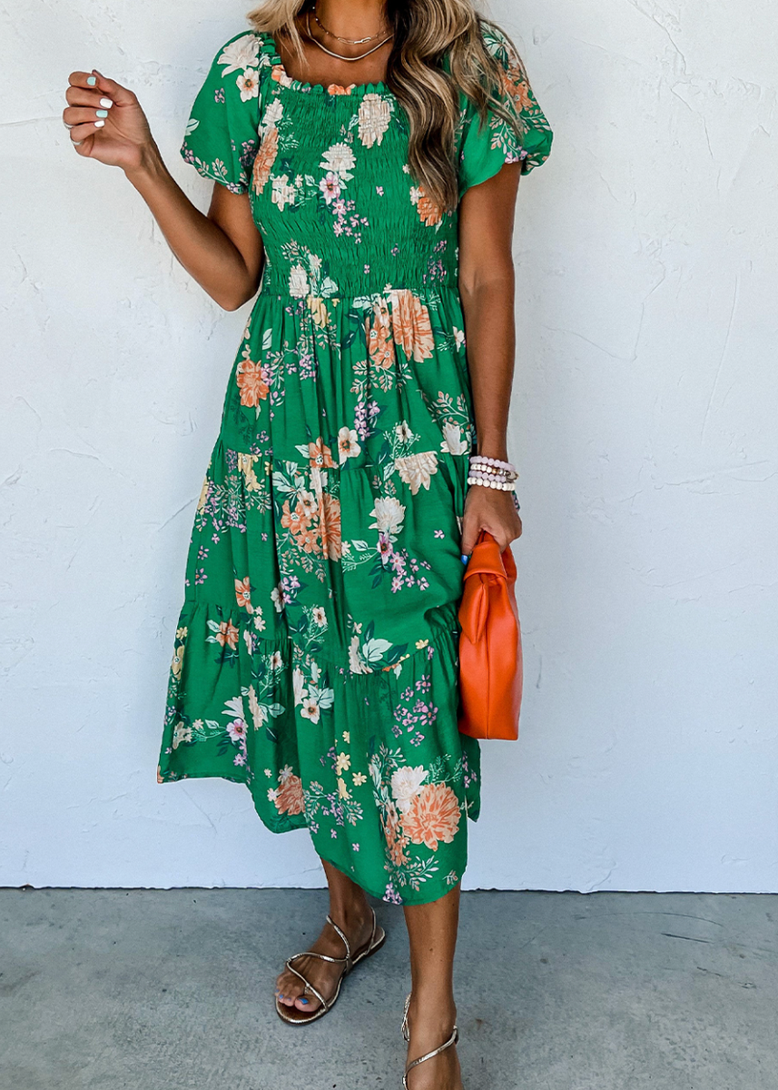 Green Floral Print Tiered Frilled Shirred Mock Neck Mini Dress main image 1