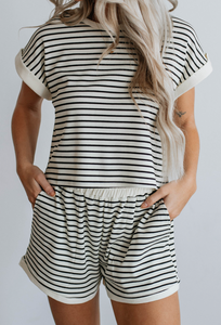 Pre-Order White Stripe Contrast Edge Tee and Shorts Set