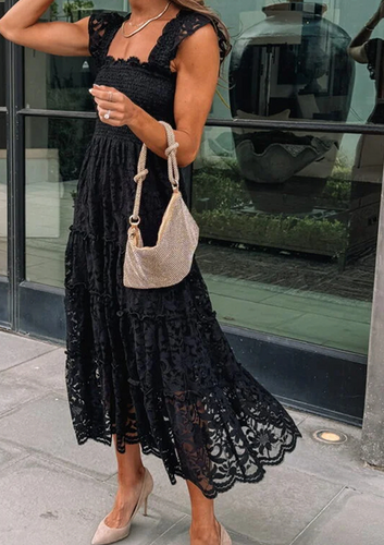 Pre-Order Black Lace Smocked Bodice Sleeveless Midi Dress
