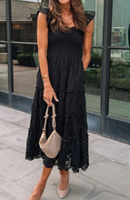 Load image into Gallery viewer, Pre-Order Black Lace Smocked Bodice Sleeveless Midi Dress