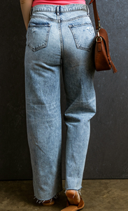 Pre-Order Light Blue Distressed Ripped Raw Hem Straight Jeans
