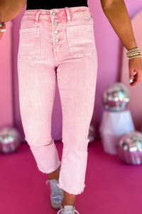 Pre-Order Pink Multi Buttons Raw Edge Crop Jeans