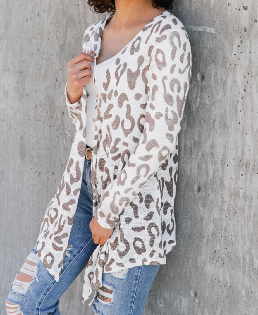 Leopard Contrast Trim Open Front Longline Cardigan