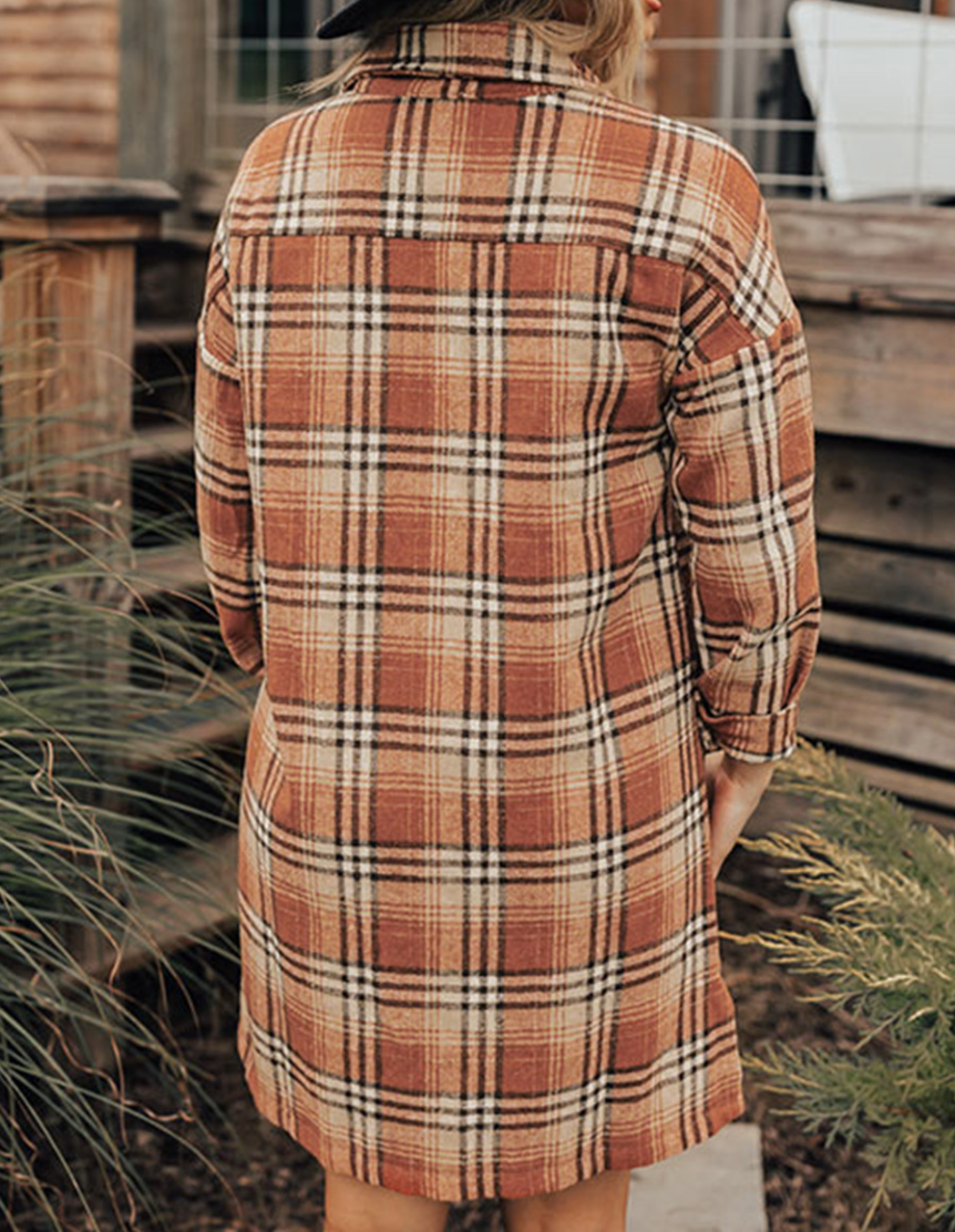 orange plaid shirt dress Orange Plaid Collared Long Sleeve Button Up Mini Shirt Dress