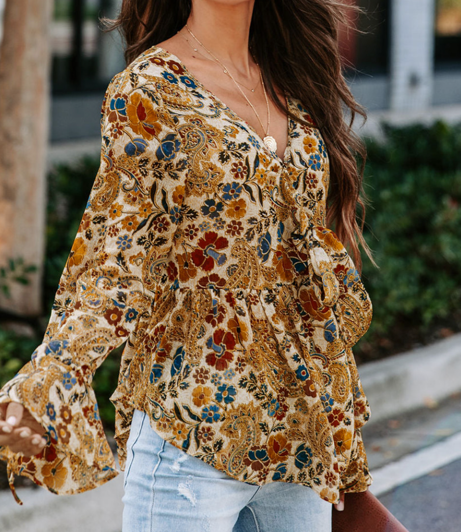 Floral Blouse With Front Tie