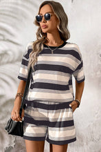 Load image into Gallery viewer, Ready to Ship Black Stripe Short Sleeve T Shirt and High Waist Pocketed Shorts Set