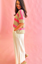 Load image into Gallery viewer, Ready to Ship Pink Stripe Colorblock Short Sleeve Crew Neck Lightweight Sweater
