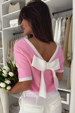 Load image into Gallery viewer, Ready to Ship Bonbon Colorblock Bow V-Shape Cut Back Short Sleeve Sweater