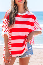 Load image into Gallery viewer, Ready to Ship Pink Stripe Patchwork Round Neck Side Split Loose T Shirt