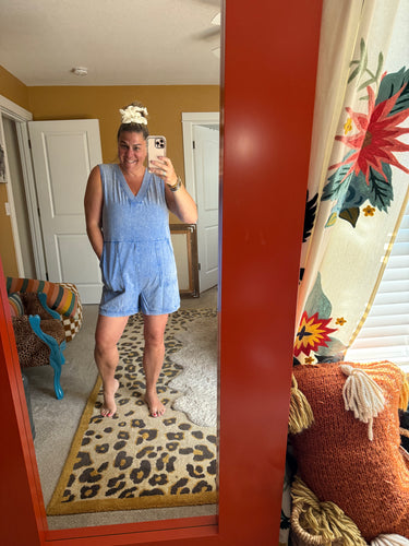 Pre-Order Sky Blue Mineral Wash Pocketed Sleeveless V Neck Loose Romper