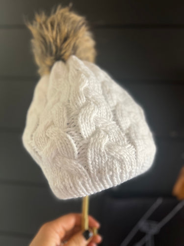 White Cable Knit Stocking Cap w/Pom