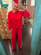 Load image into Gallery viewer, Pre-Order Fiery Red Varsity Striped Detail Crewneck Pullover Elastic Sweatpants 2pcs Outfit