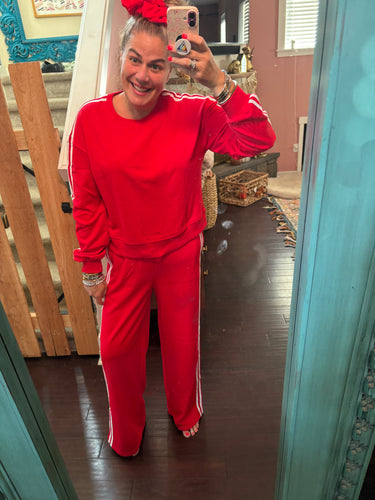 Pre-Order Fiery Red Varsity Striped Detail Crewneck Pullover Elastic Sweatpants 2pcs Outfit