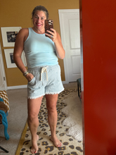 Load image into Gallery viewer, Pre-Order Sky Blue Stripe Raw Edge Drawstring Elastic Waist Casual Denim Shorts