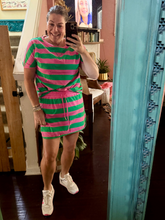 Load image into Gallery viewer, Pre-Order Pink Stripe Dolman Tee Drawstring Skort Athletic 2pcs Set