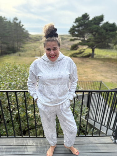 Pre-Order Light Grey Abstract Print Loose Drop Sleeve Hoodie Elastic Waistband 2pcs Pant Set