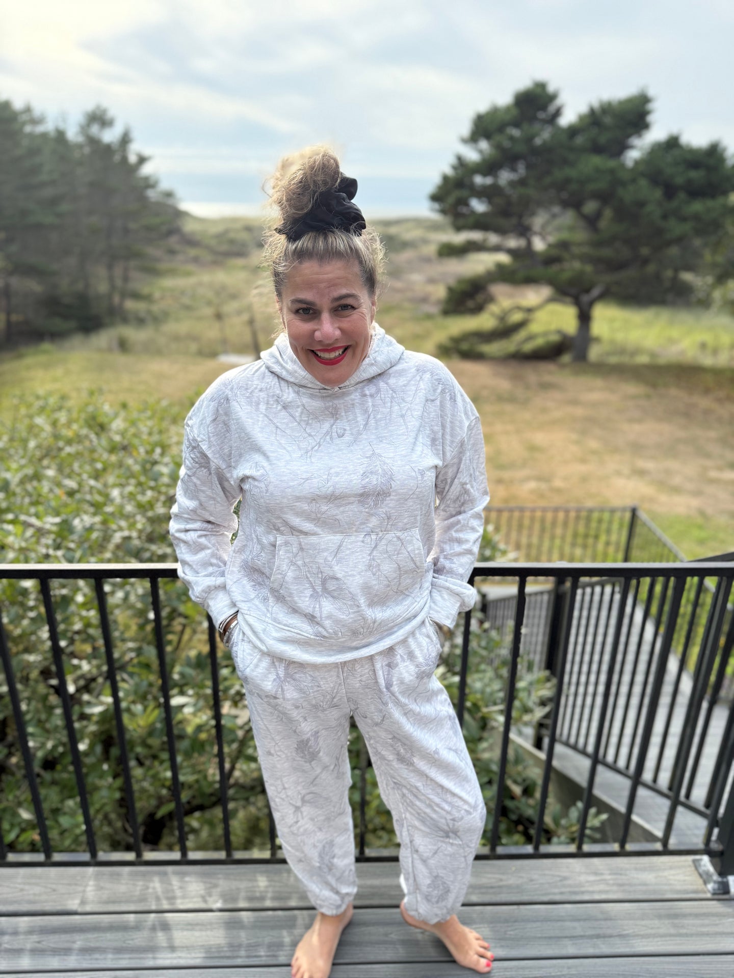 Pre-Order Light Grey Abstract Print Loose Drop Sleeve Hoodie Elastic Waistband 2pcs Pant Set