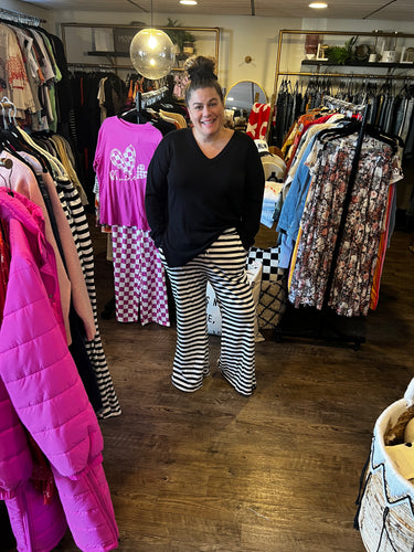 Black Stripe Lace-up Waist Casual Flared Pants