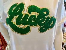 Load image into Gallery viewer, White St. Patrick Lucky Chenille Glitter Patched Graphic T Shirt