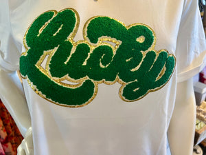 White St. Patrick Lucky Chenille Glitter Patched Graphic T Shirt