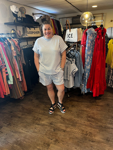 Sky Blue Stripe Knitted Short Sleeve Top and Drawstring Shorts Set