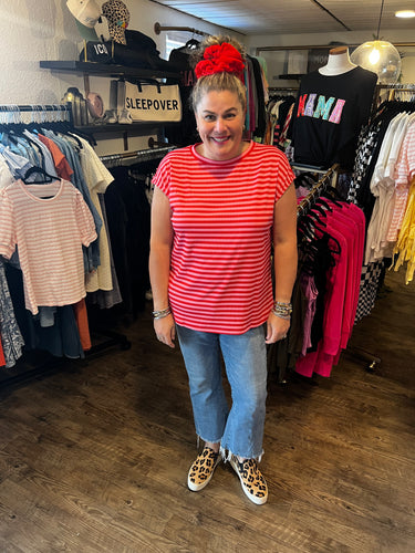 Red Stripe Ribbed Cap Sleeve Round Neck T Shirt