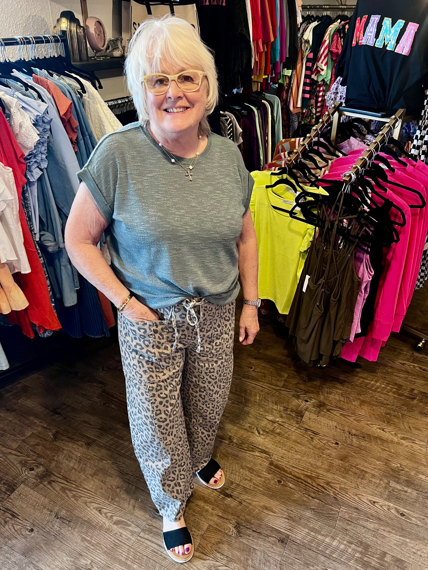 Black Friday SALE Khaki Leopard Printed Drawstring Waist Pocketed Wide Leg Jeans