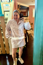 Load image into Gallery viewer, Pre-Order White Abstract Woodland Print Balloon Sleeve Pullover Drawstring Mini Skirt Set