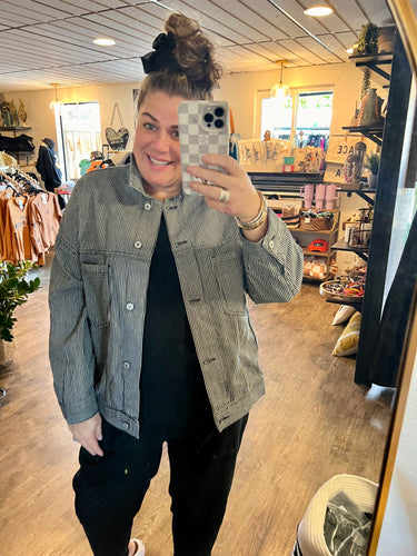 Pre-Order Black Stripe Washed Oversize Pocketed Denim Jacket