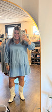 Load image into Gallery viewer, Pre-Order Beau Blue Puff Sleeve V Neck Tiered Ruffled Chambray Mini Dress