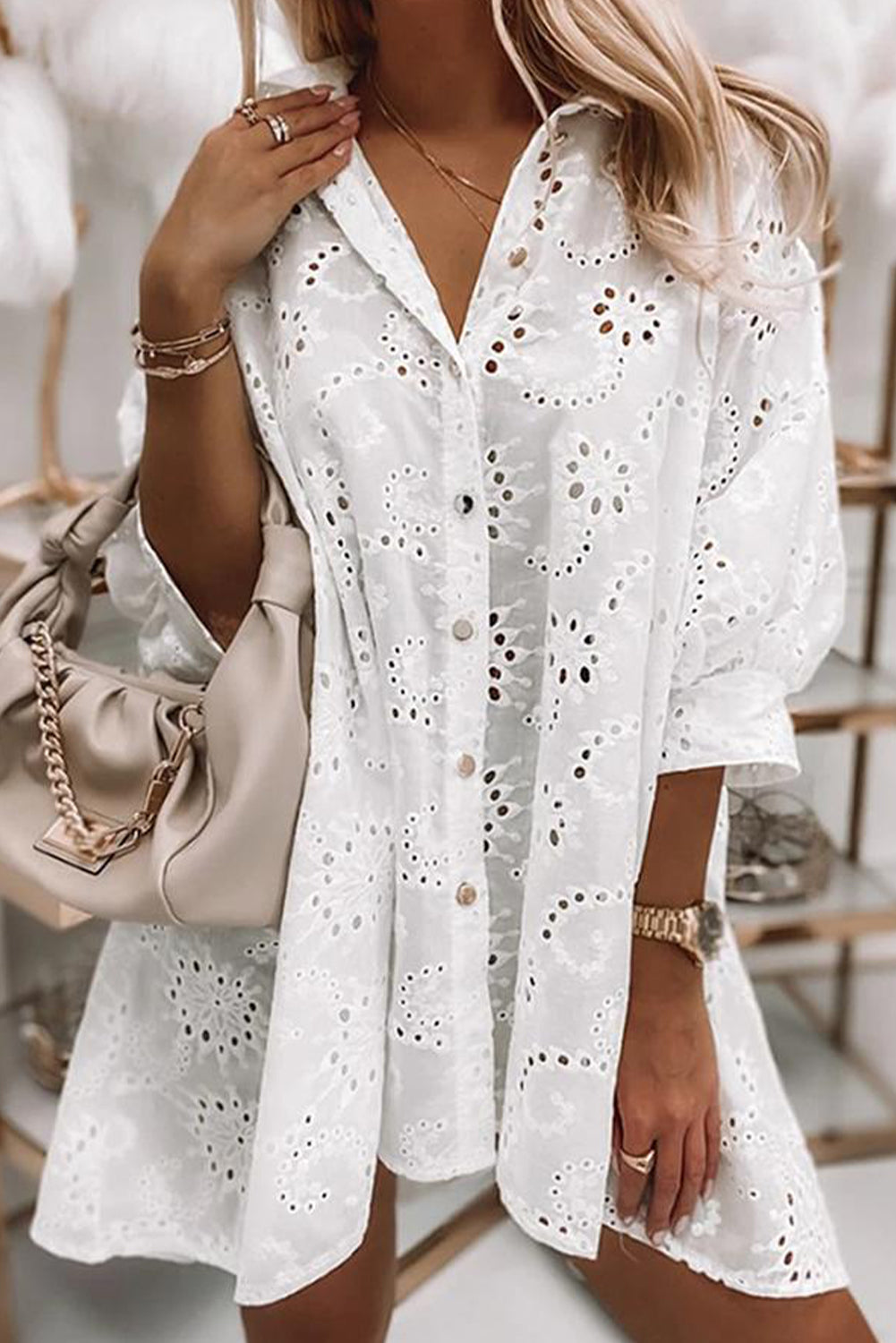 Pre-Order White Elegant Eyelet Lace Shirt Babydoll Dress Worn & Refined Pre-Order White Elegant Eyelet Lace Shirt Babydoll Dress Worn & Refined