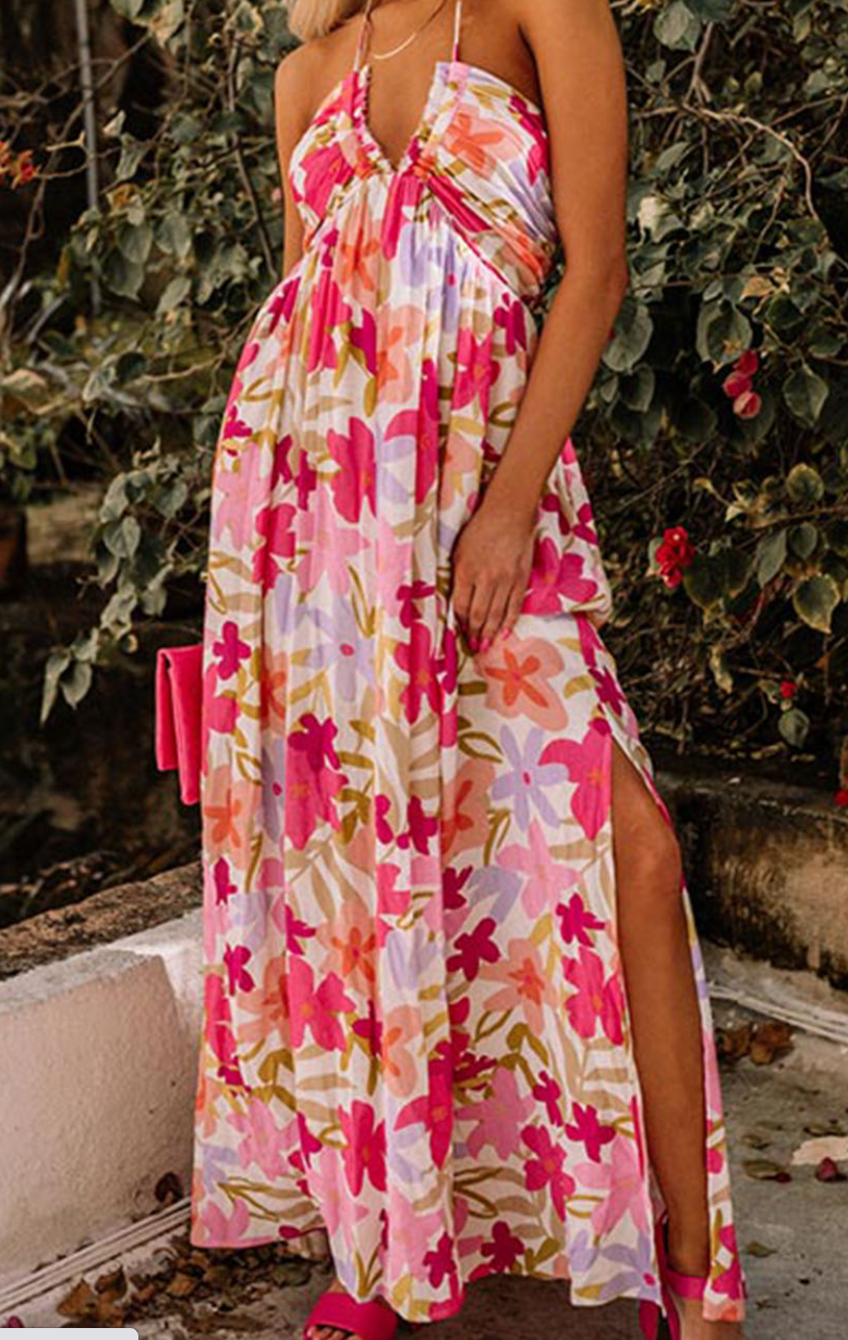 Pre-Order Red Halter Neck Backless Floral Print Maxi Dress with Ties – Worn & Refined