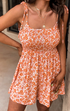 Load image into Gallery viewer, Pre-Order Orange Boho Floral Print Shirred Thin Straps Romper