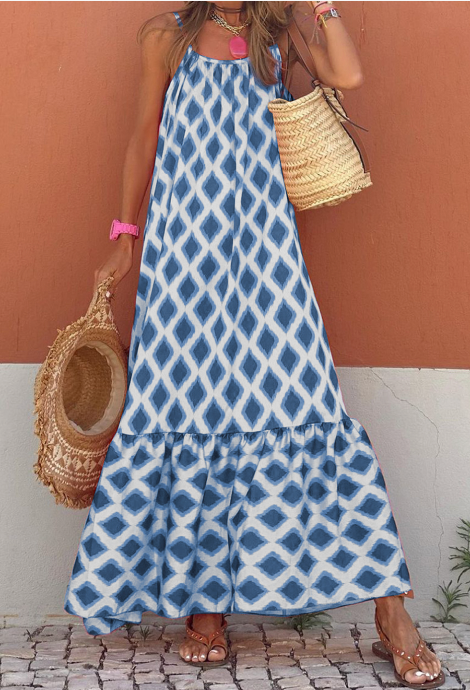 Pre-Order Blue Geometric Print Loose Fit Sleeveless Maxi Dress Worn & Refined Pre-Order Blue Geometric Print Loose Fit Sleeveless Maxi Dress Worn & Refined