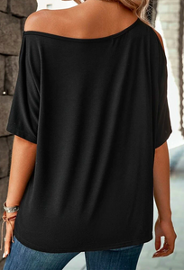 Pre-Order Black Solid Asymmetrical Neck Loose Casual T-Shirt