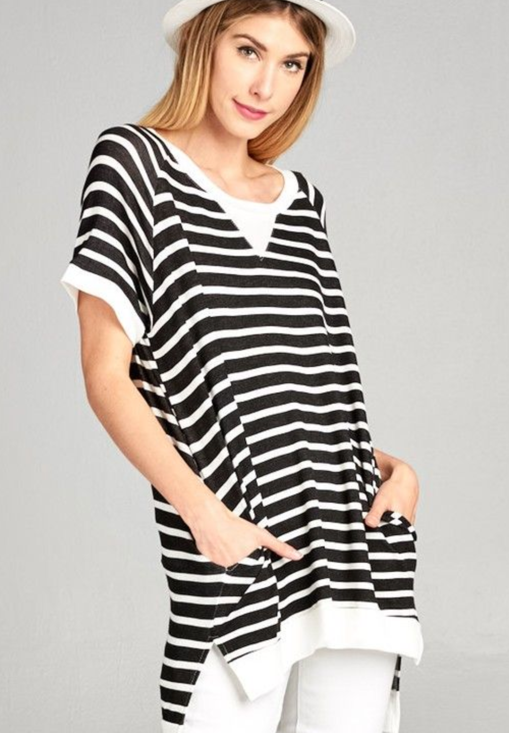 Striped High Low Crewneck Tunic with Side Pockets