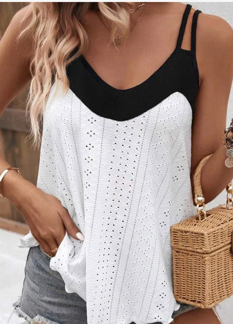 Pre-Order White Two Tone Splicing Eyelet Textured Tank Top