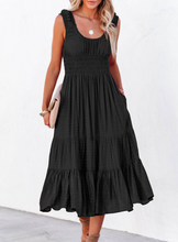 Load image into Gallery viewer, Black U-Neck Sleeveless Ruched Tiered Ruffled Midi Dress