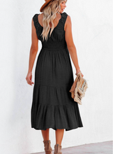 Load image into Gallery viewer, Black U-Neck Sleeveless Ruched Tiered Ruffled Midi Dress