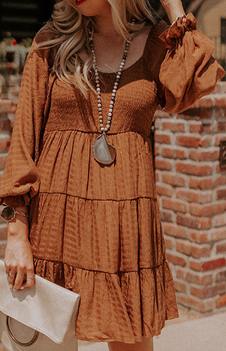 Pre-Order Brown Bishop Sleeve Smocked Tiered Mini Dress – Worn & Refined