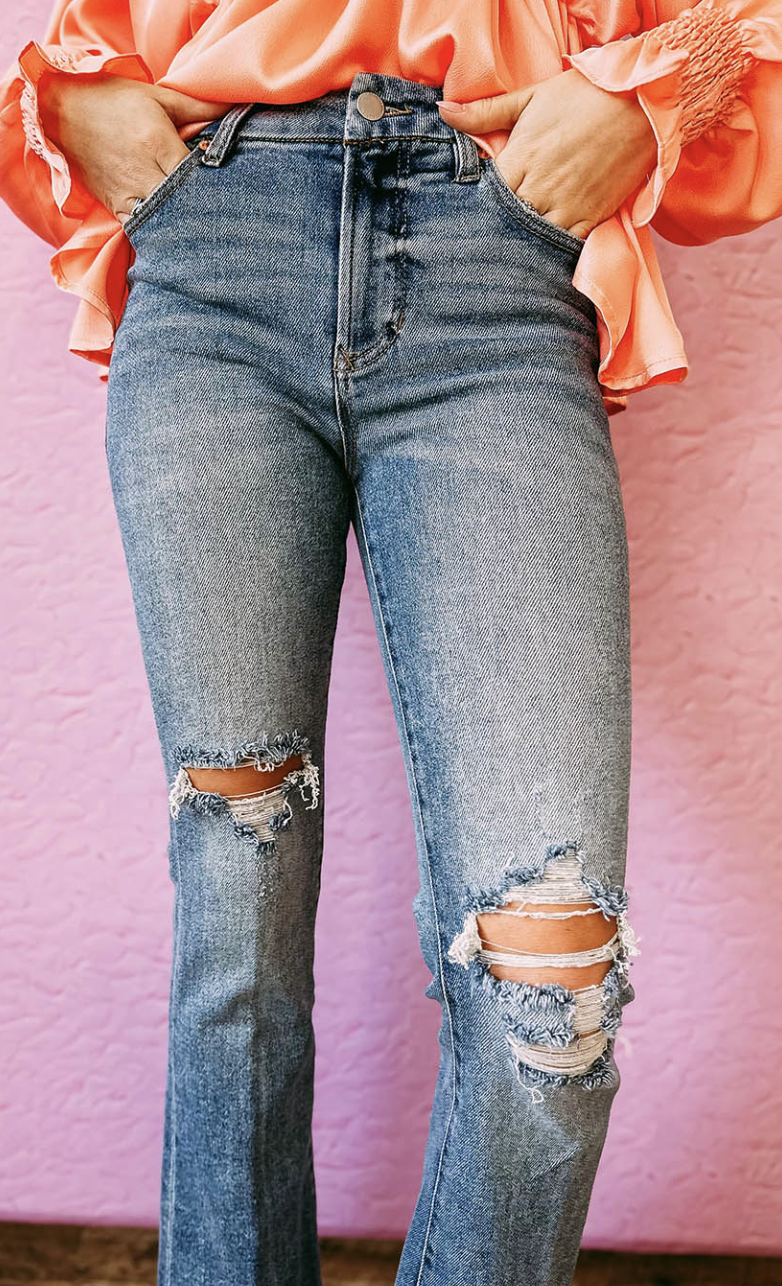 Pre-Order Button Fly Ripped Flared Jeans – Worn & Refined