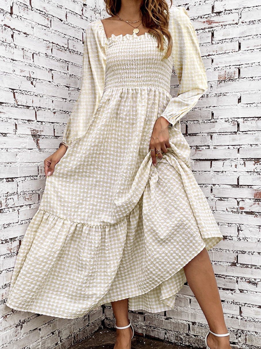 Pre-Order Khaki Plaid Ruffled Square Neck Smocked Tiered Maxi Dress – Worn  & Refined