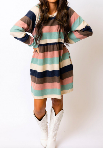 Multicolor Striped Color Block Long Sleeve Mini Dress