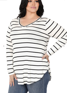 White & Black Plus size Dolphin Hem Top