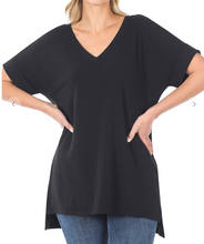 Load image into Gallery viewer, Black Rolled Sleeve V-Neck Top