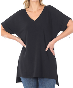 Black Rolled Sleeve V-Neck Top