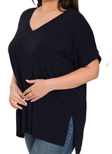 Load image into Gallery viewer, Black Rolled Sleeve V-Neck Top