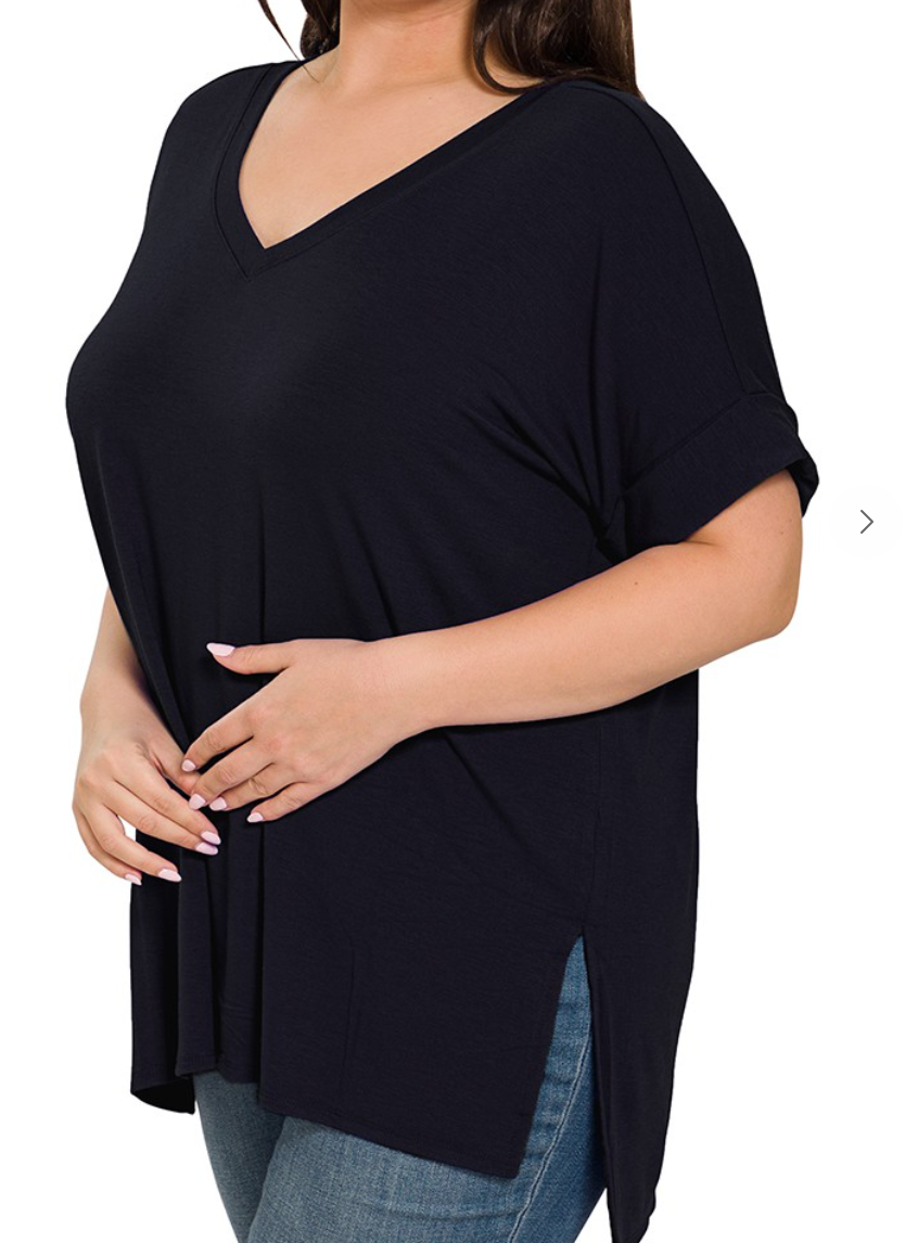 Black Rolled Sleeve V-Neck Top