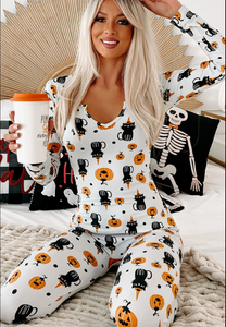 White Spooky Halloween Printed Long Slim Fit Lounge Set